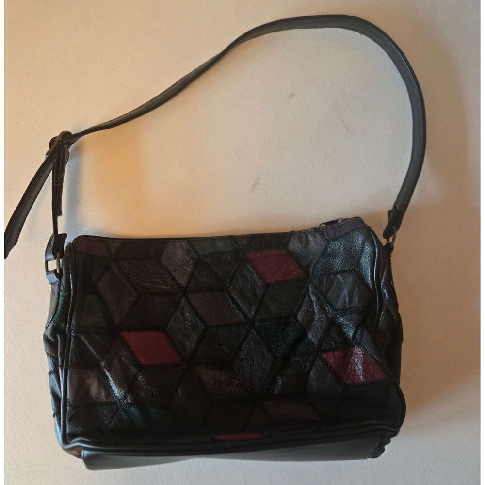 Vintage Patchwork Leather Shoulder Bag Black Multicolor Geometric Purse - Picture 4 of 8